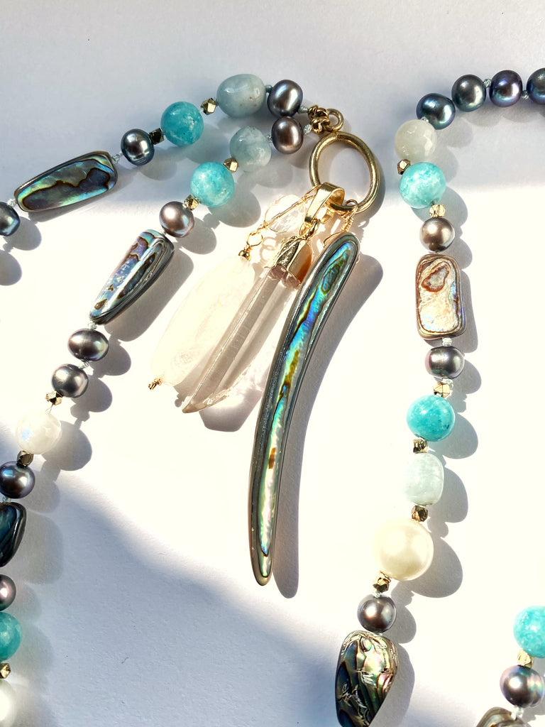 Abalone Long Necklace with Aquamarine, Moonstone, Pearl