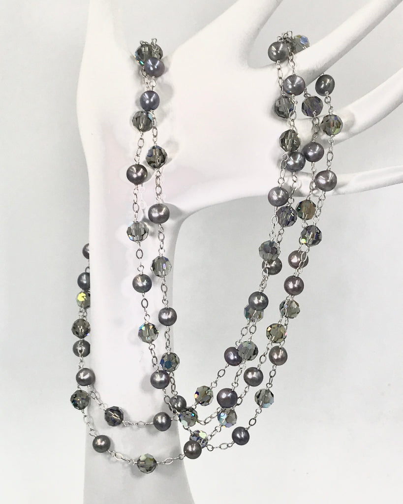 Long Grey Pearl Swarovski Crystal Sautoir Necklace - doolittlejewelry