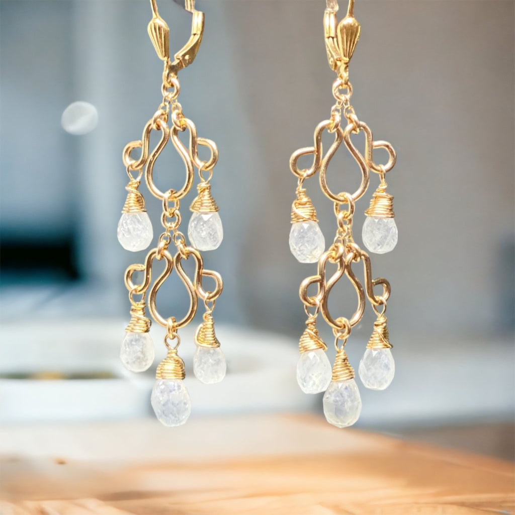 Rainbow Moonstone Gemstone Chandelier Earrings Gold Fill