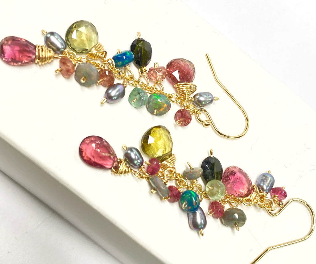 Black Opal and Pink Green Tourmaline Dangle Earrings Gold