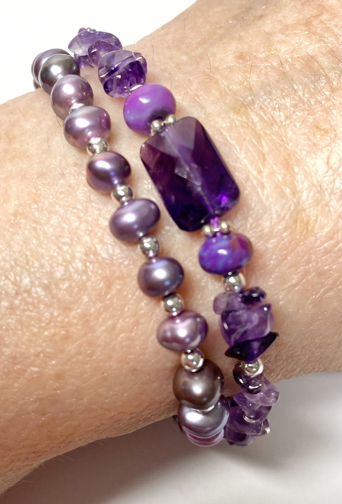 Amethyst Plum Pearl Double Wrap Bracelet Sterling Silver