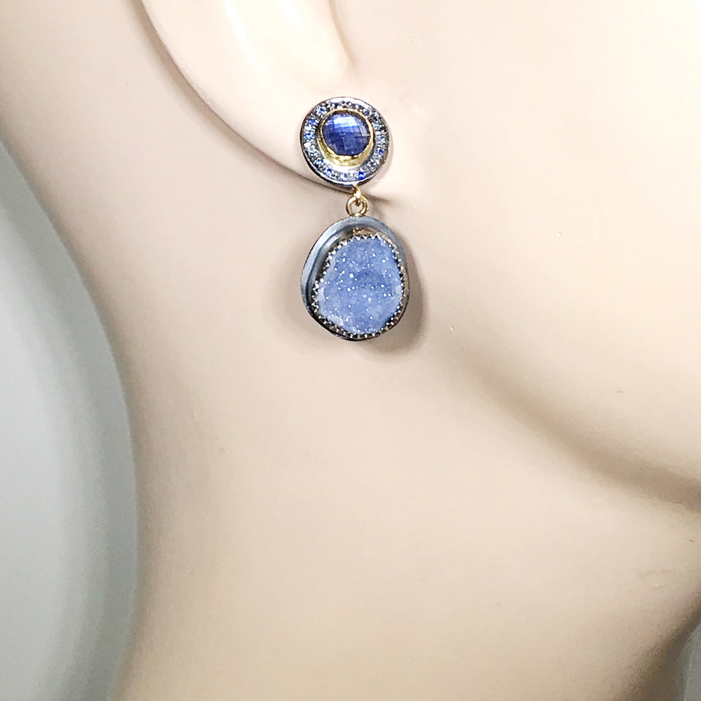 Tanzanite and Blue Geode Earrings with Pave Blue Sapphire Mixed Metal