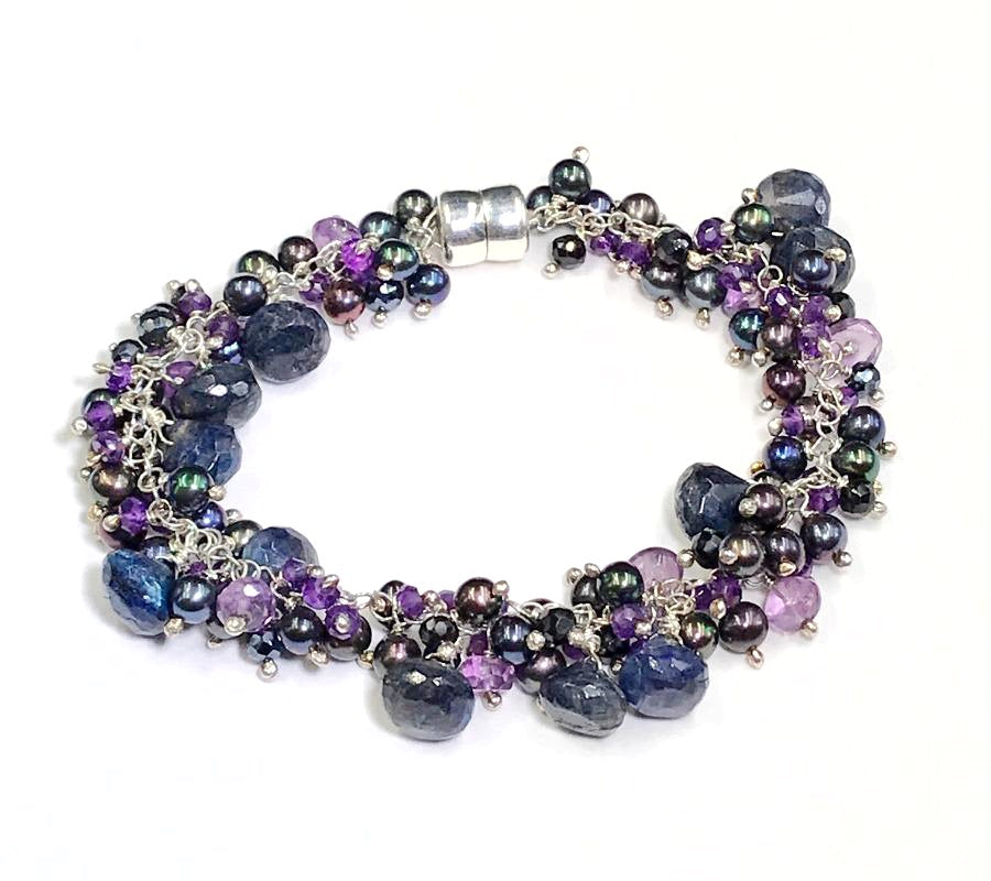 Blue Labradorite Amethyst and Pearl Gemstone Cluster Bracelet Sterling Silver - doolittlejewelry