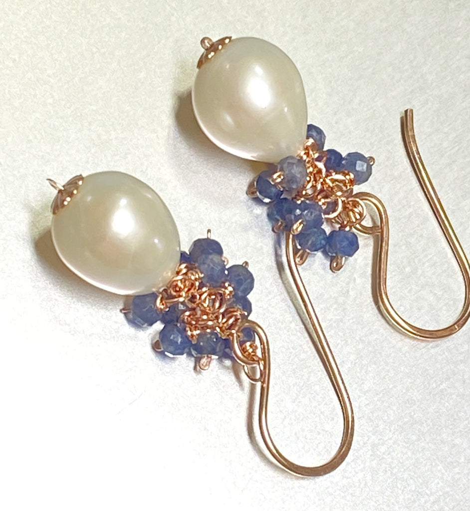 Blue Sapphire and Pearl Cluster Earrings Rose Gold