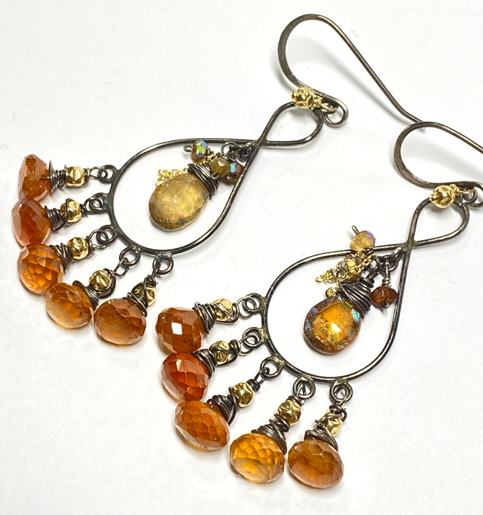 Hessonite Garnet Chandelier Earrings Oxidized Silver