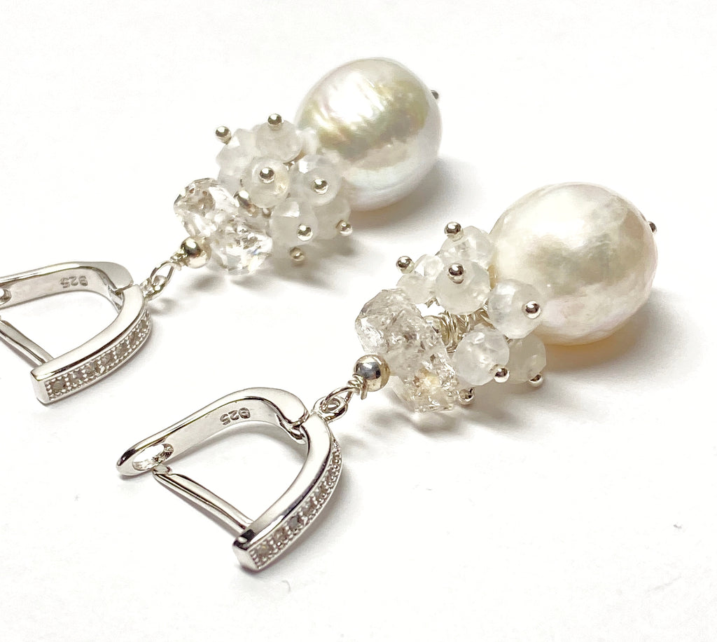 Herkimer Diamond, Edison Pearl, Moonstone Cluster Wedding Earrings