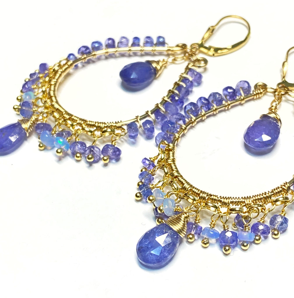 Tanzanite and Opal Hoop Earrings in Gold Fill