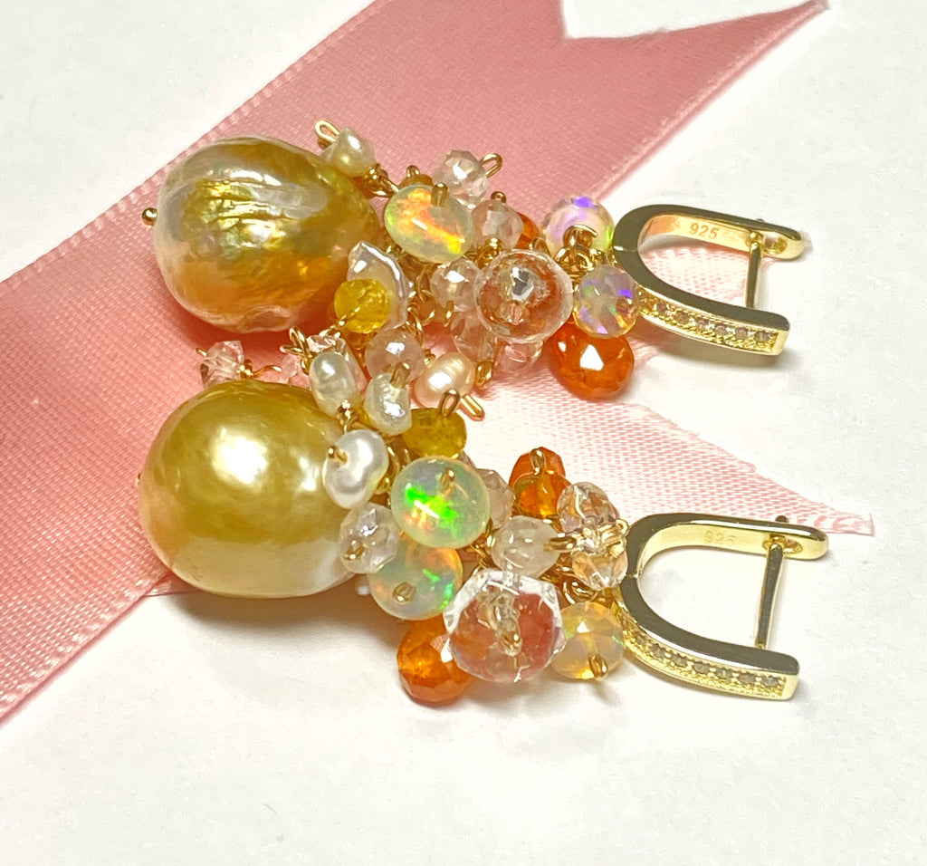 Pond-slime Baroque Pearl and Gemstone Cluster Earring