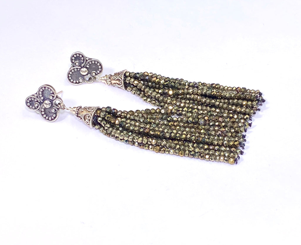 Pyrite Tassel Earrings Gold Mystic Spinel Sterling Silver - doolittlejewelry