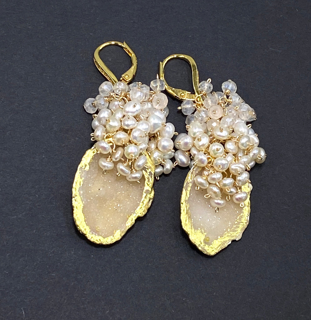 Ivory Beige Tabasco Geode Pearl Cluster 24 kt Gold Leaf Earrings - doolittlejewelry