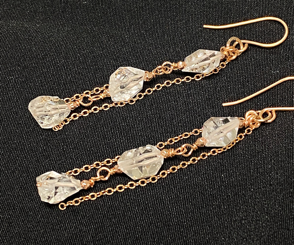 Herkimer Diamond Crystal Long Rose Gold Dangle Earrings