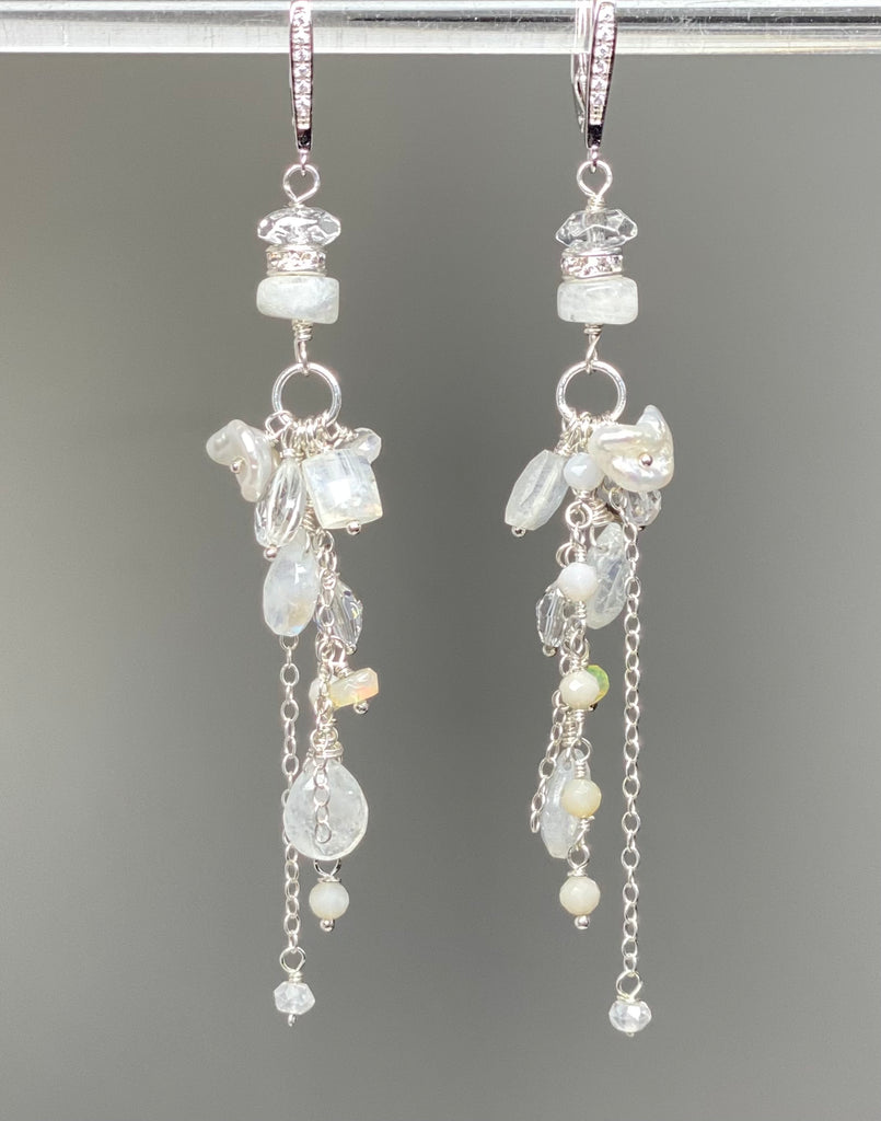 Rainbow Moonstone Long Boho Bridal Earrings Crystal Quartz Sterling Silver