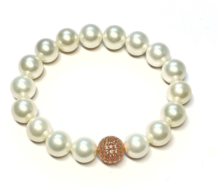 White Pearl Stretch Stacking Bracelet with Rose Gold Pave CZ Bead