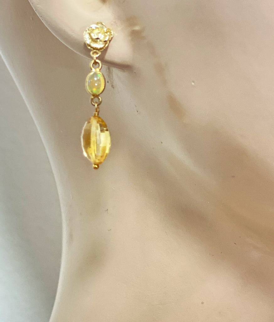 Citrine and Opal Dainty Gold Earrings