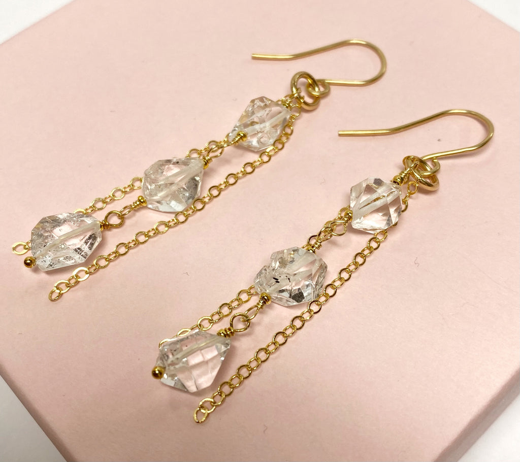 Herkimer Diamond Crystal Quartz Long Gold Fill Dangle Earrings