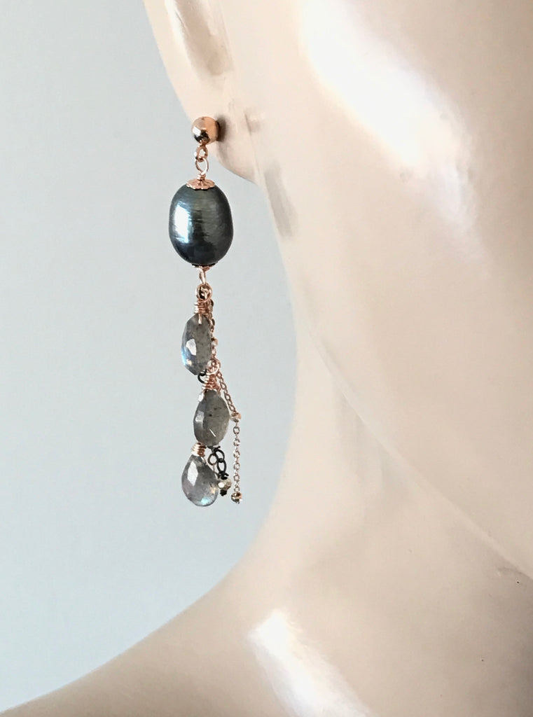 Rose Gold Labradorite and Pearl Dangle Earrings - doolittlejewelry