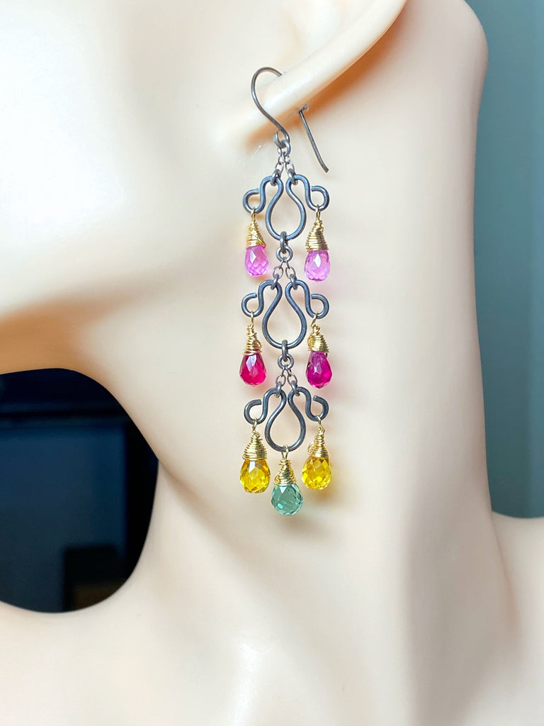 Multi-color Long Chandelier Earrings Oxidized Silver Colorful Corundum Quartz