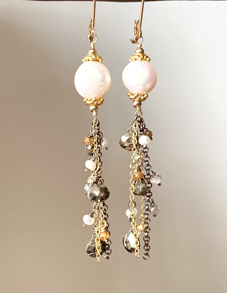 Edison Pearl Mixed Metal Long Dangle Earrings