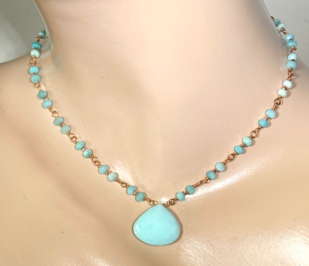 Blue Peruvian Opal, Amazonite, Rose Gold Wire Wrapped Pendant Necklace - doolittlejewelry