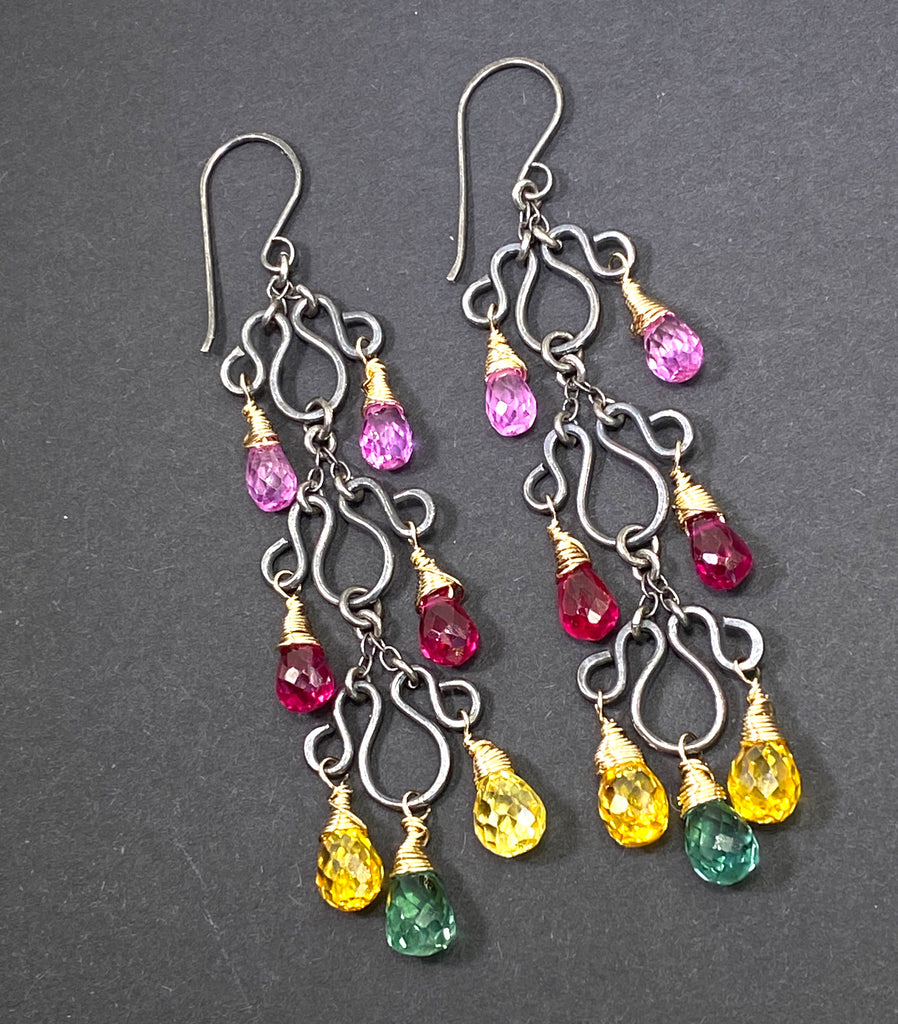 Multi-color Long Chandelier Earrings Oxidized Silver Colorful Corundum Quartz - doolittlejewelry