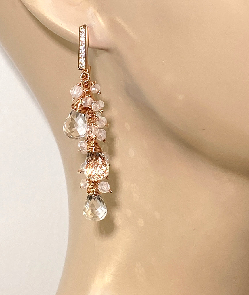 Crystal Quartz Rose Gold Bridal Wedding Earrings - doolittlejewelry