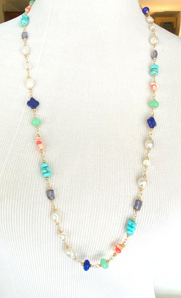 Multi Gemstone Pearl Long Gold Necklace Coral Lapis Chrysoprase