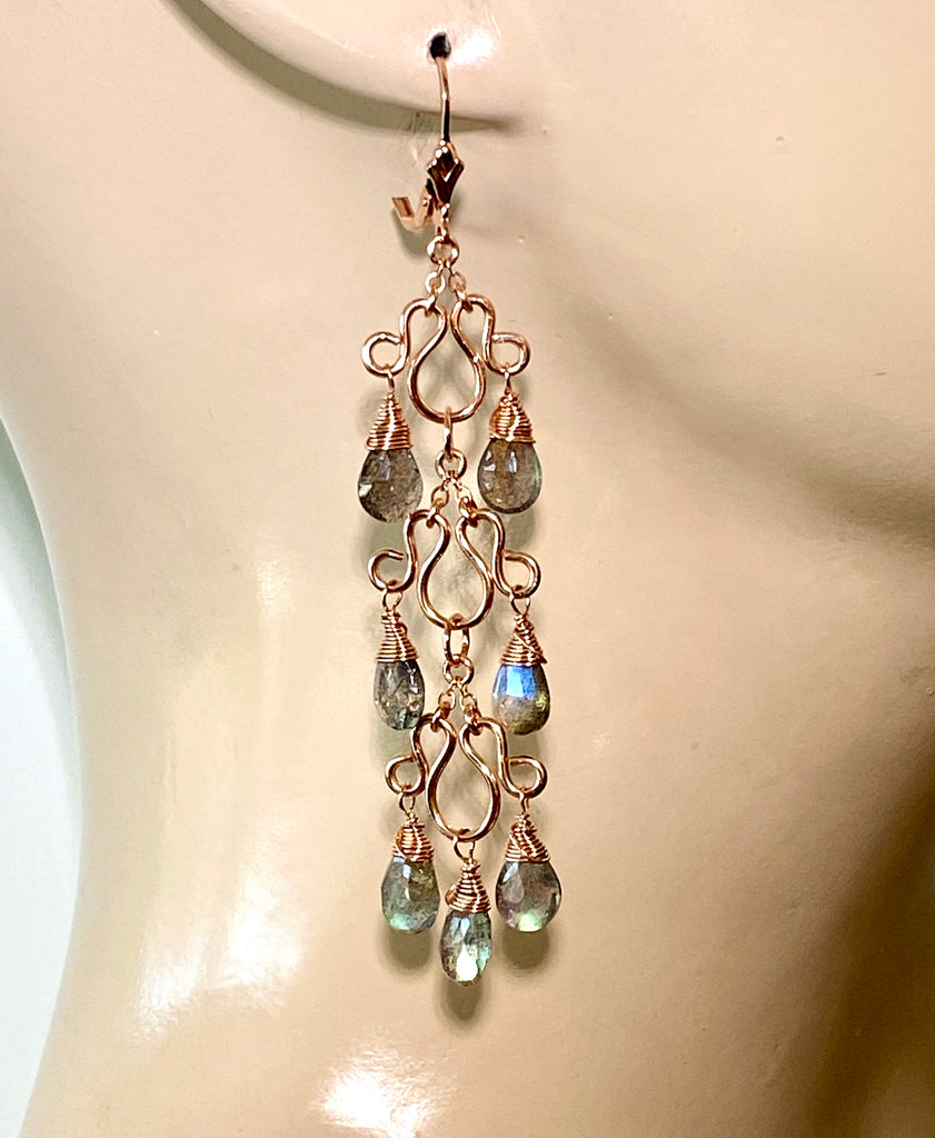 Rose Gold Long Labradorite Chandelier Earrings Flashy - doolittlejewelry