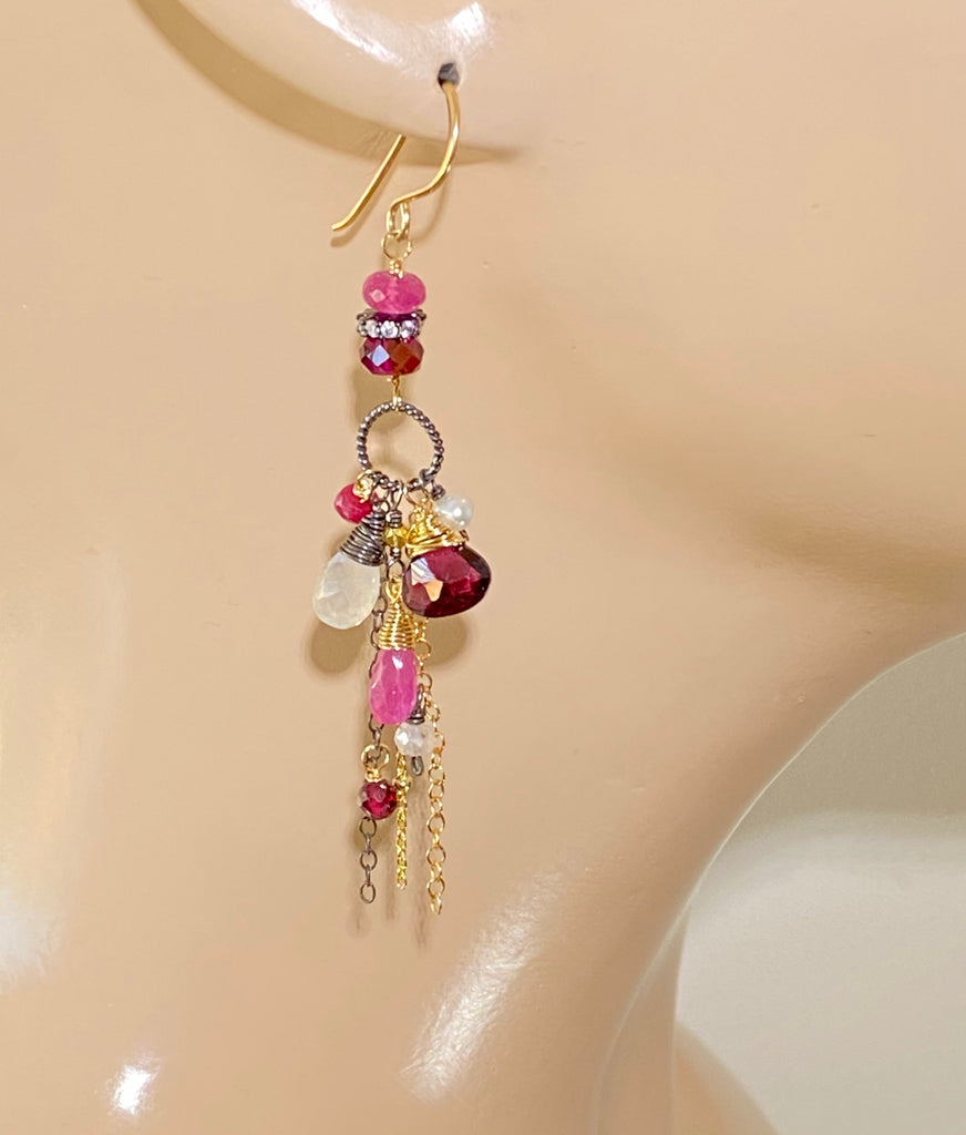 Garnet Long Boho Chain Dangle Earrings Mixed Metal with Sapphire and Moonstone - doolittlejewelry
