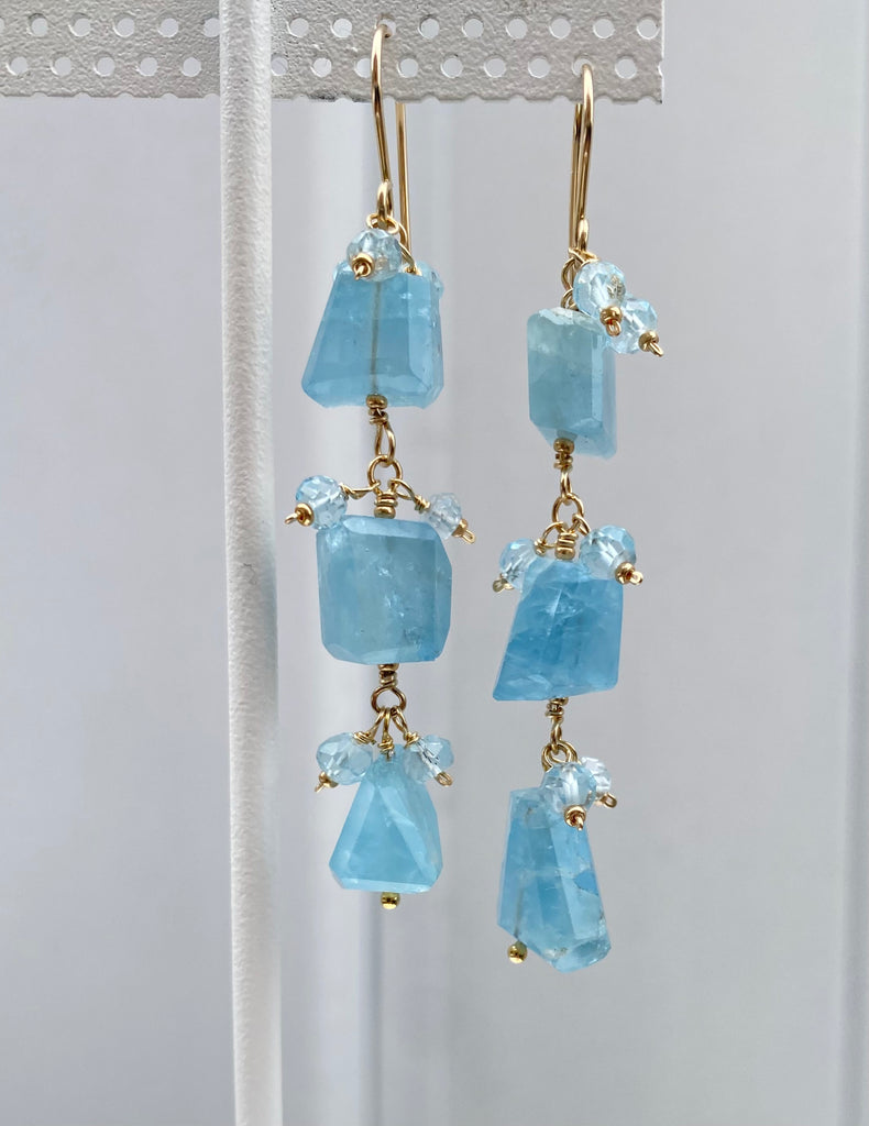 Blue Aquamarine Long Dangle Earrings