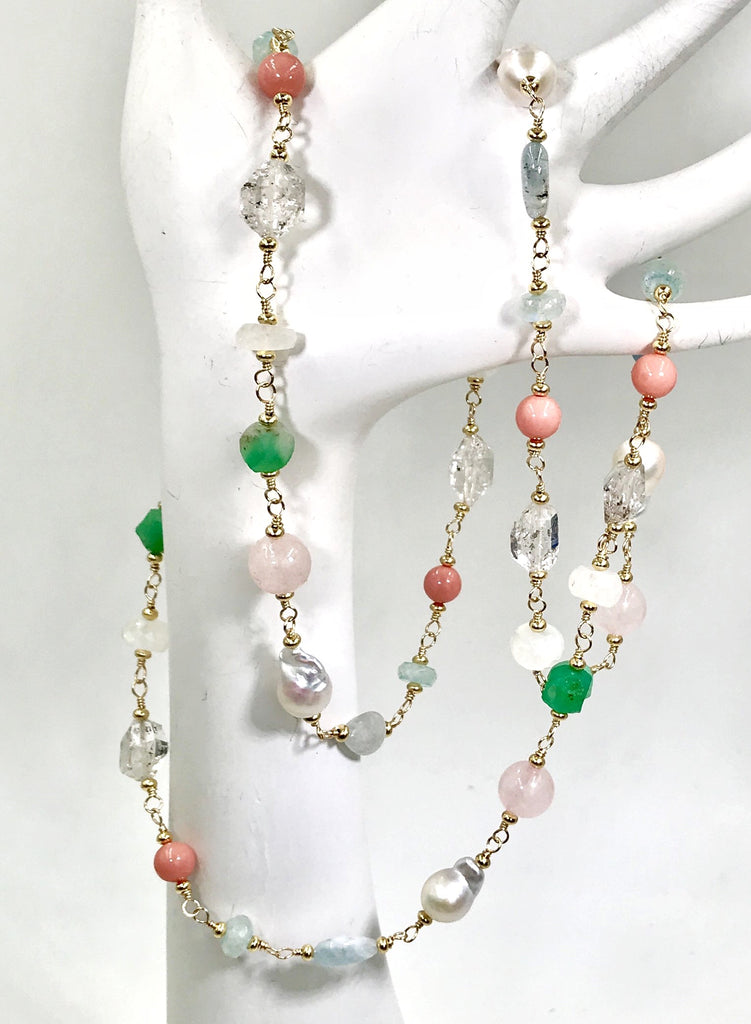 Multi Gemstone Pastel Long Necklace with Herkimer Diamond Aquamarine Gold