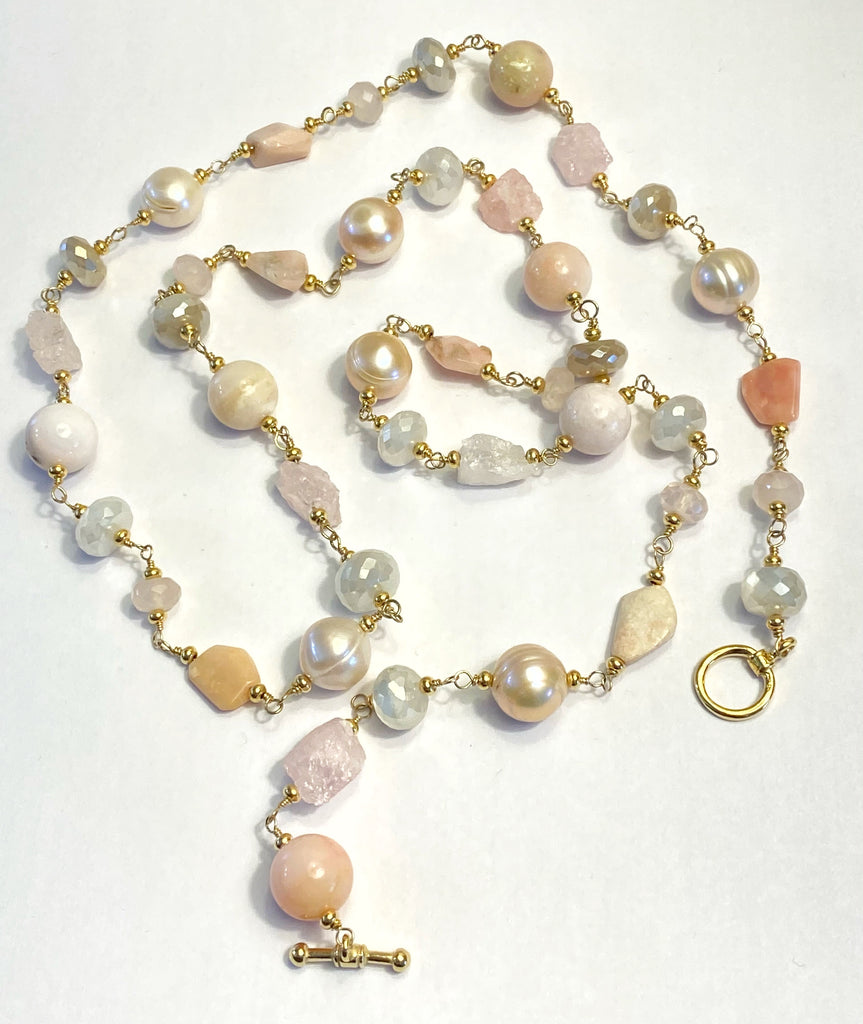 Pink Blush Gemstone and Pearl Long Necklace Gold Fill Wire Wrap