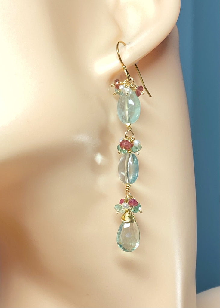 Long Green Flurorite Earrings, Gemstone Cluster