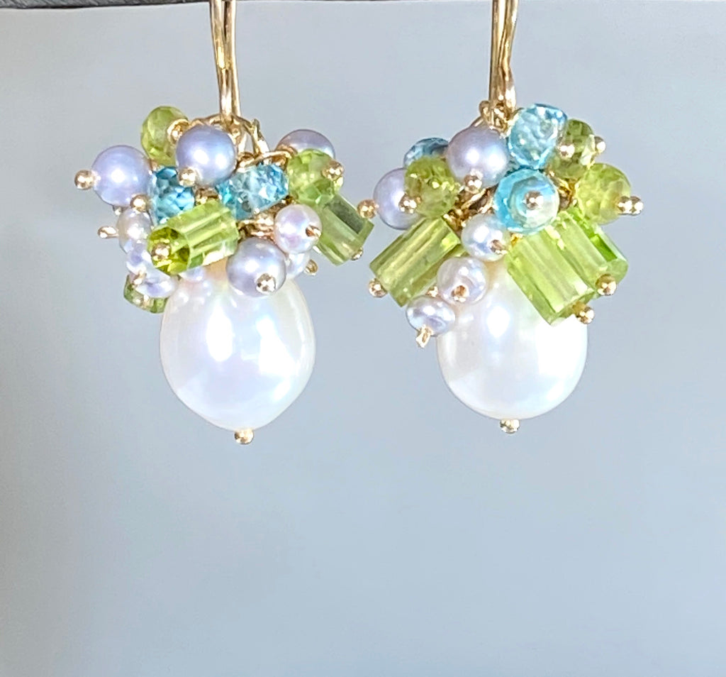 Peridot Pearl Cluster Earrings Blue Zircon - doolittlejewelry