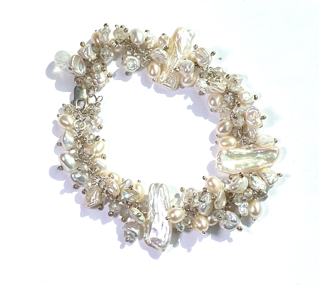 Keishi Pearl Bridal Bracelet Sterling Silver Mystic Crystal Pearl Cluster - doolittlejewelry