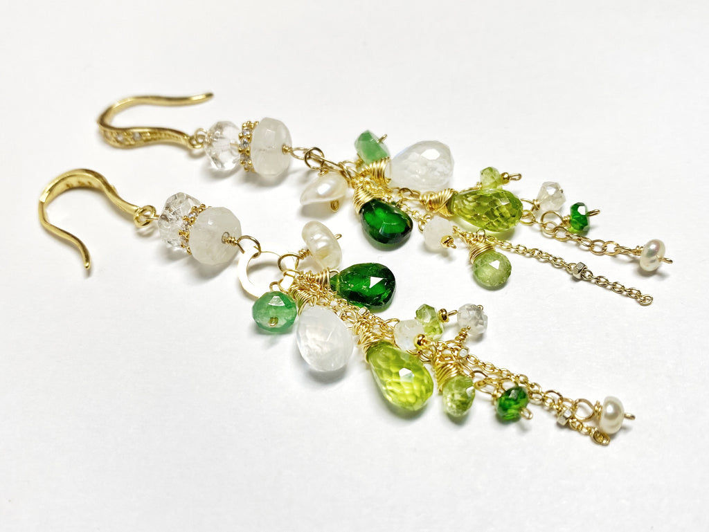 green gemstone boho dangle earrings with peridot, chrome diopside, moonstone
