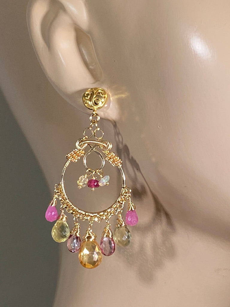Gemstone Hoop Chandelier Earrings Gold Pastel Pink Topaz & Sapphire - doolittlejewelry