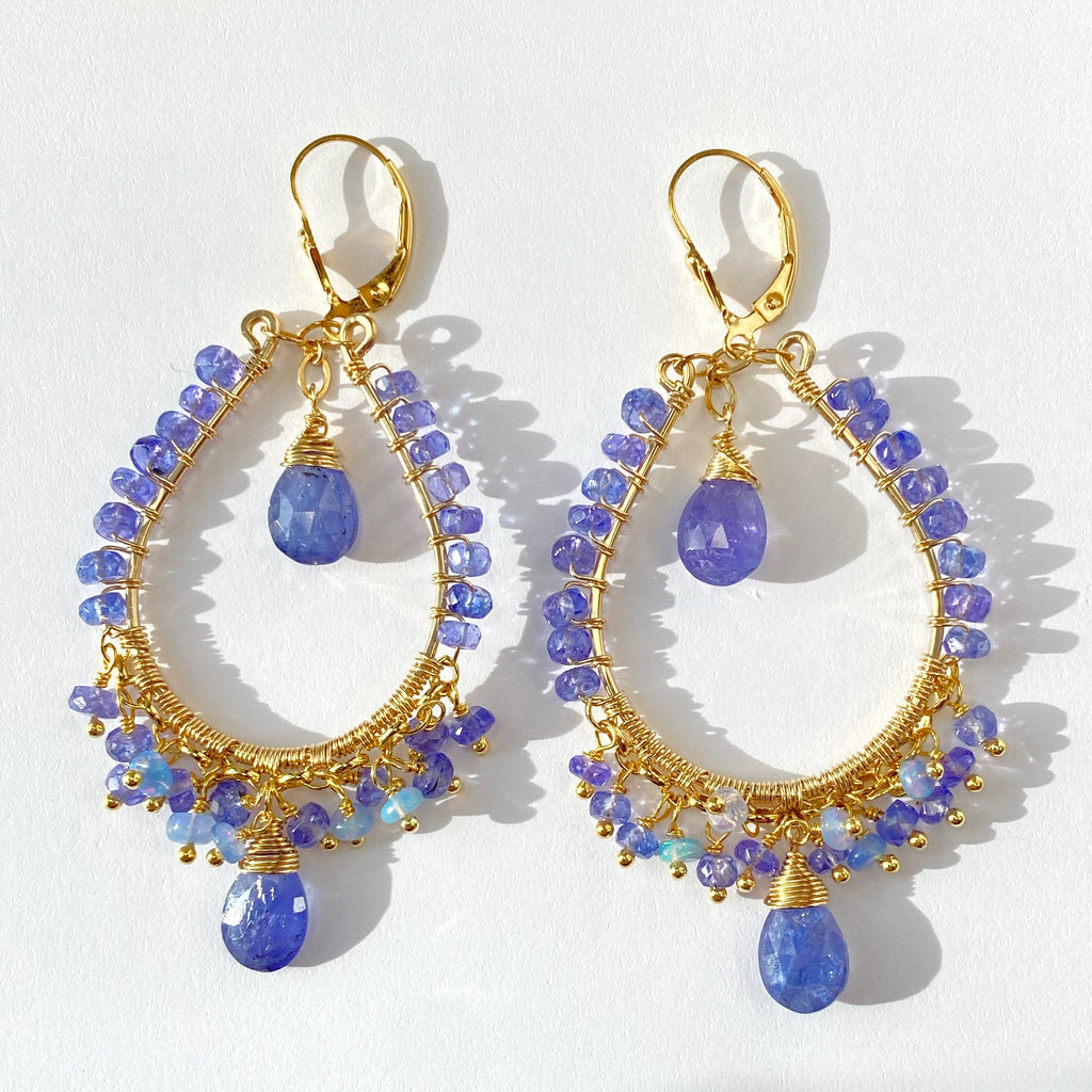 Tanzanite and Opal Hoop Earrings in Gold Fill