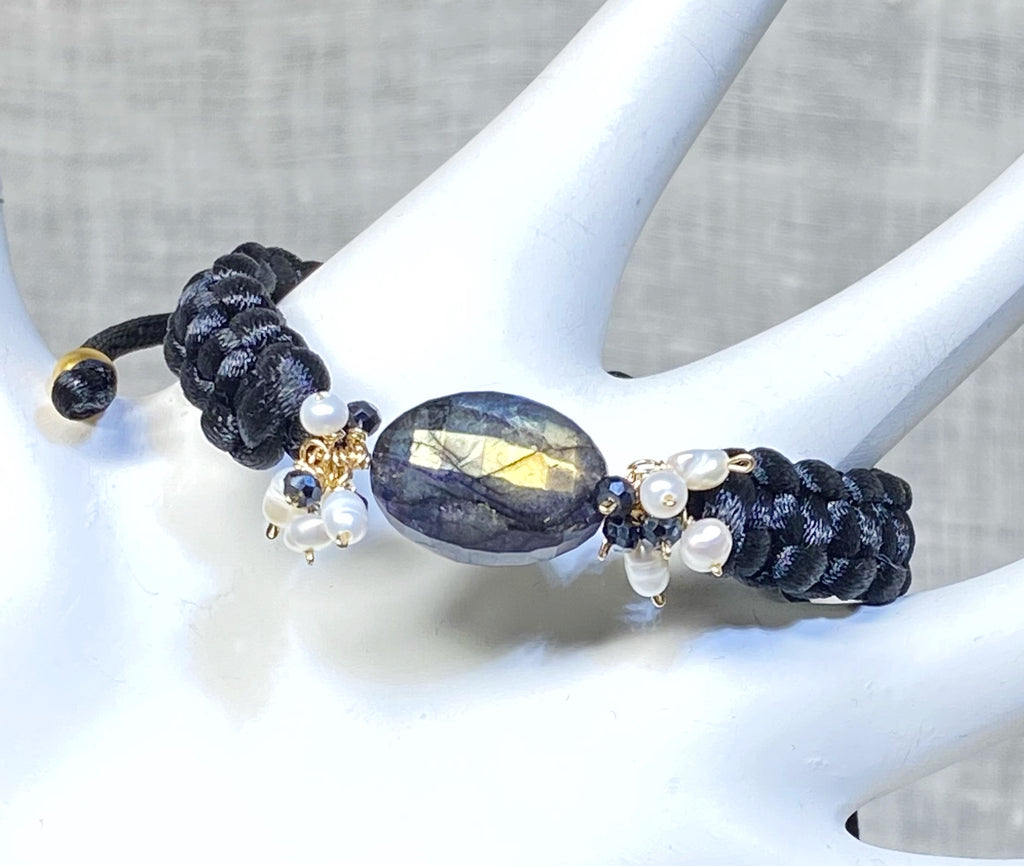 Black Labradorite Knotted Macramé Adjustable Bracelet