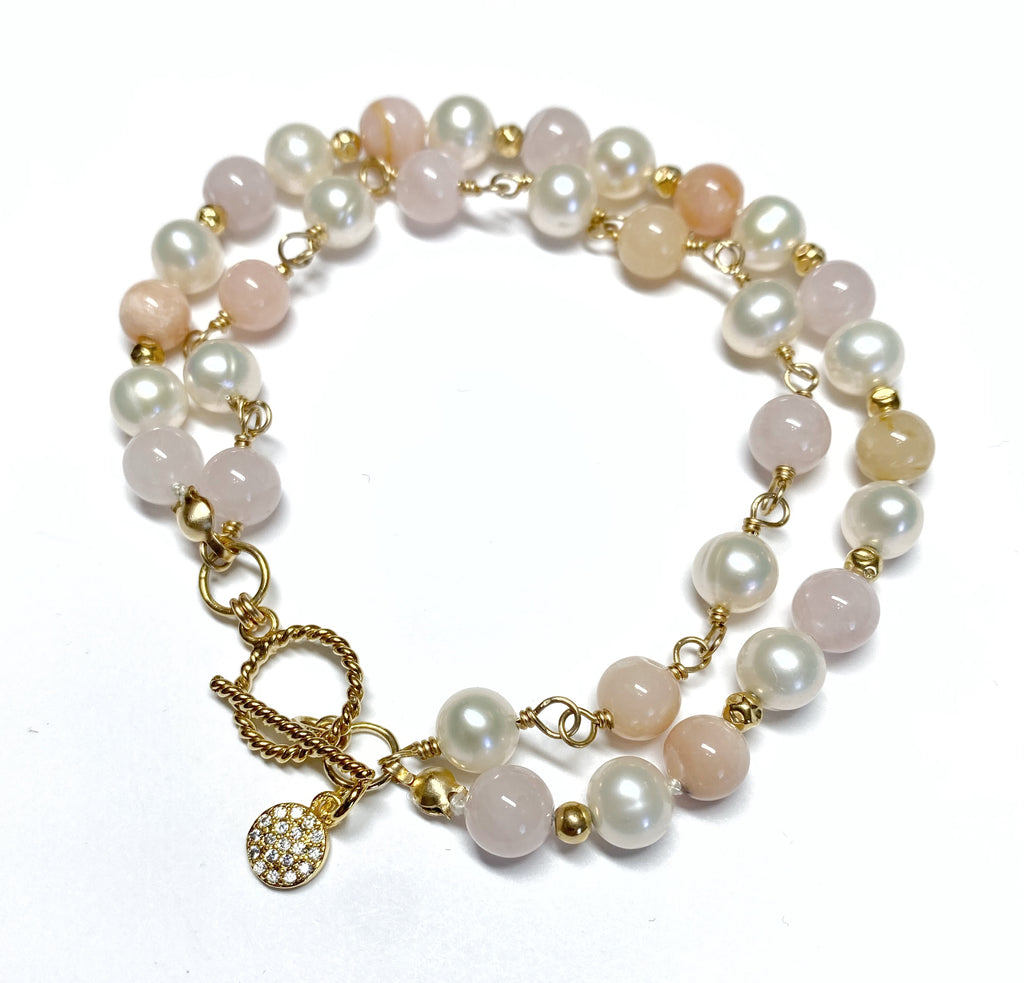 Pearl, Pink Opal, Rose Quartz Double Strand Bracelet Gold Fill