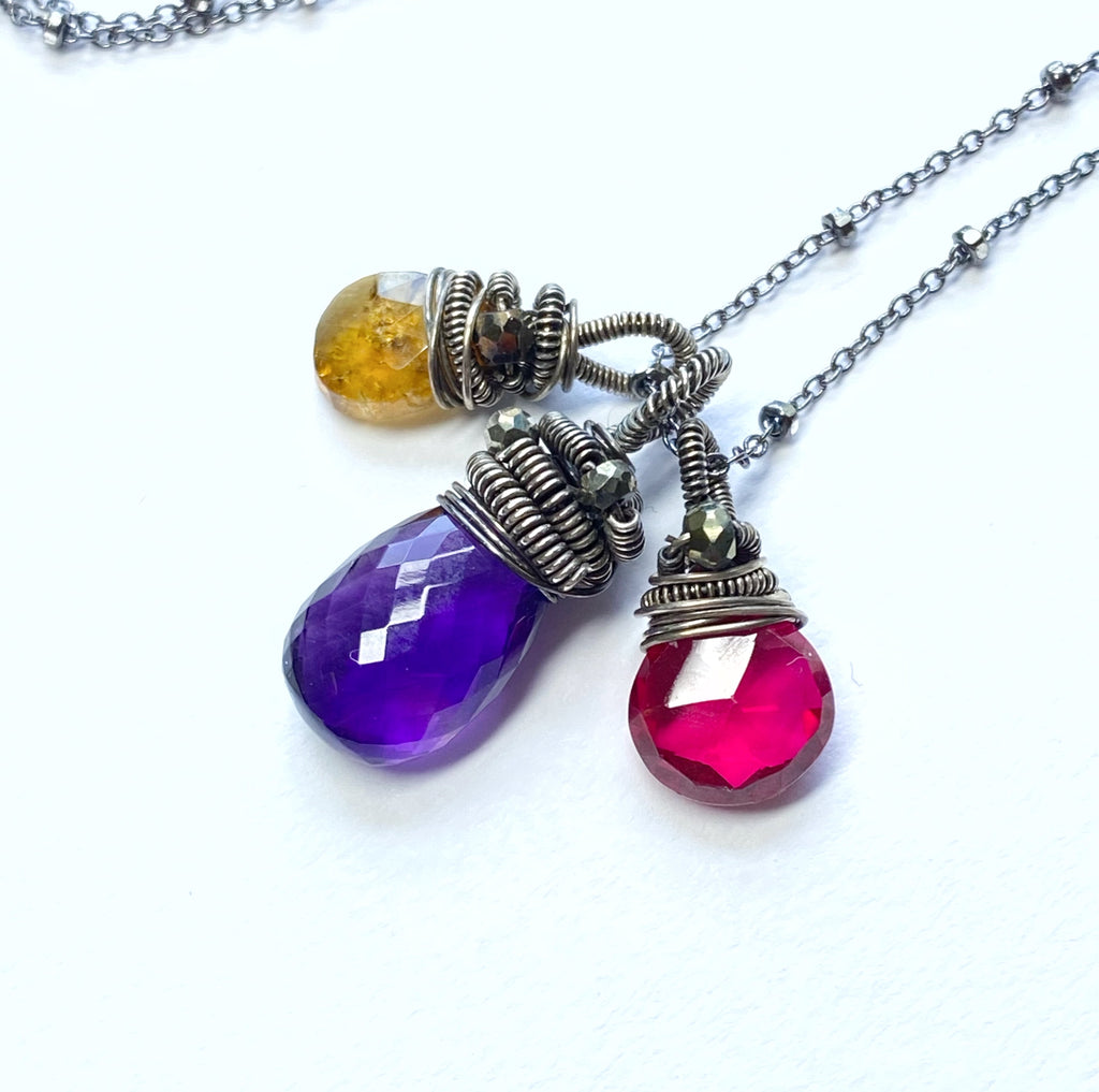 Amethyst, Red Topaz, Tourmaline Coiled Gemstone Pendant Necklace