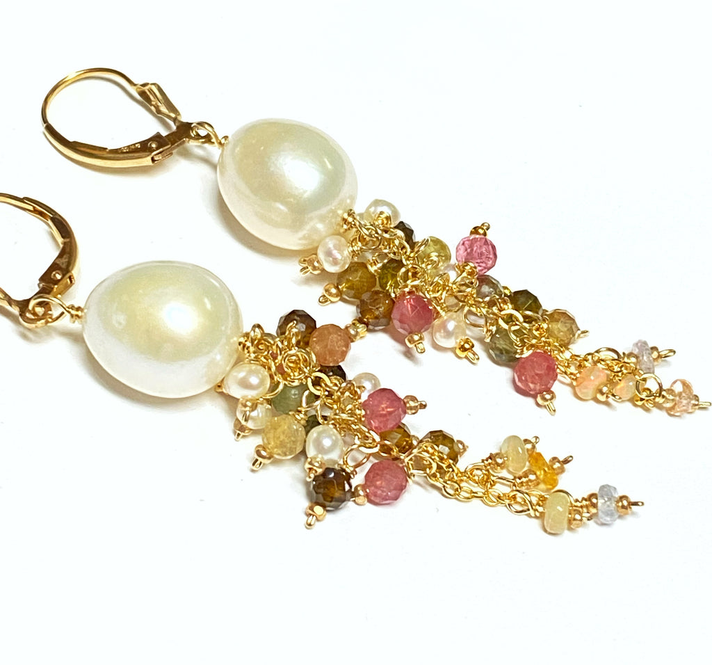 Pearl and Tourmaline Tassel Dangle Earrings