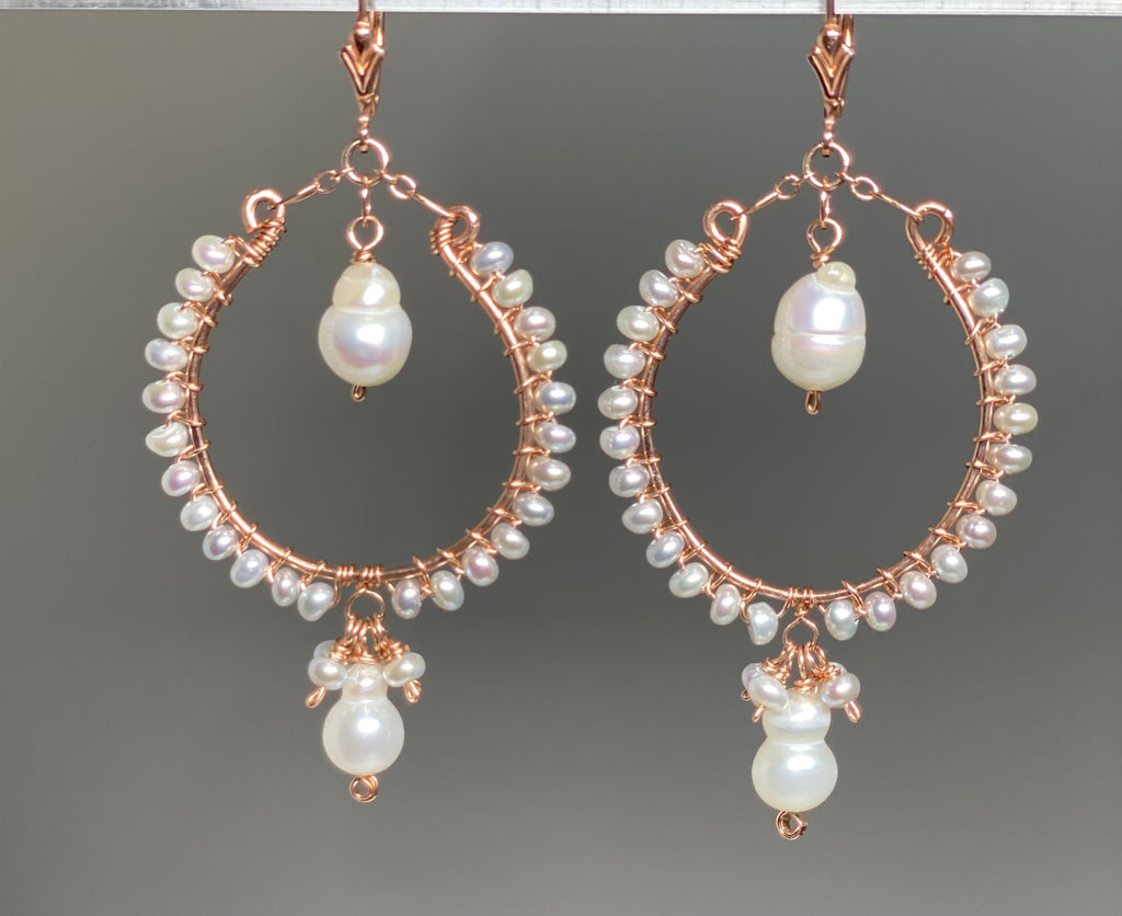 Statement Rose Gold Hoop Earrings with Baroque Pearl Drops