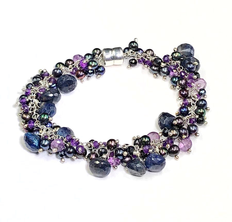 Blue Labradorite Amethyst and Pearl Gemstone Cluster Bracelet Sterling Silver - doolittlejewelry