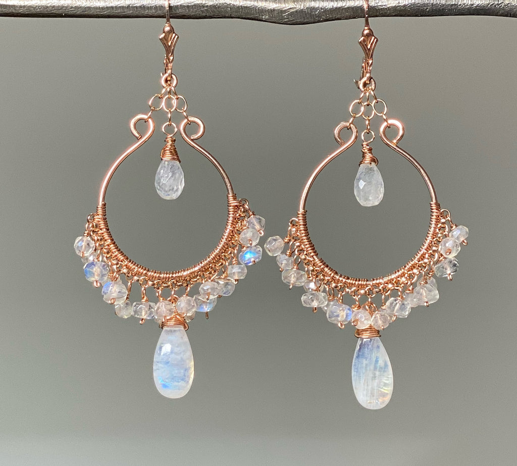 rose gold rainbow moonstone hoop chandelier earrings