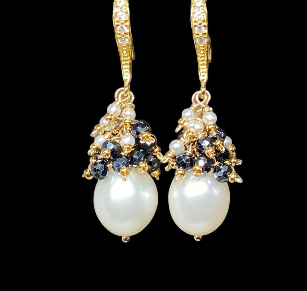 White Pearl Black Spinel Cluster Earrings Gold