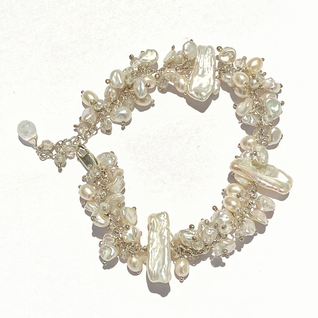 Keishi Pearl Bridal Bracelet Sterling Silver Mystic Crystal Pearl Cluster