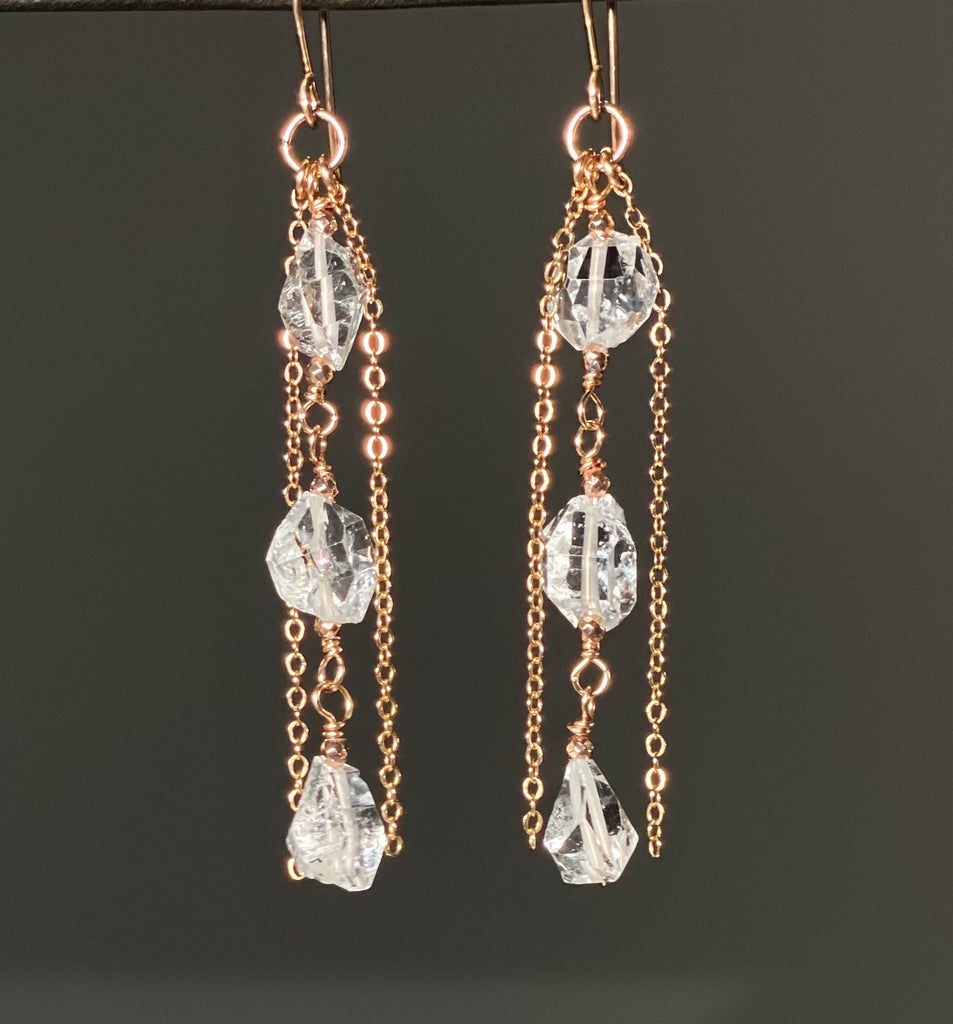 Herkimer Diamond Crystal Long Rose Gold Dangle Earrings