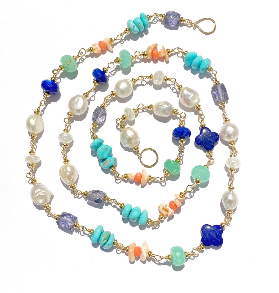 Multi Gemstone Pearl Long Gold Necklace Coral Lapis Chrysoprase