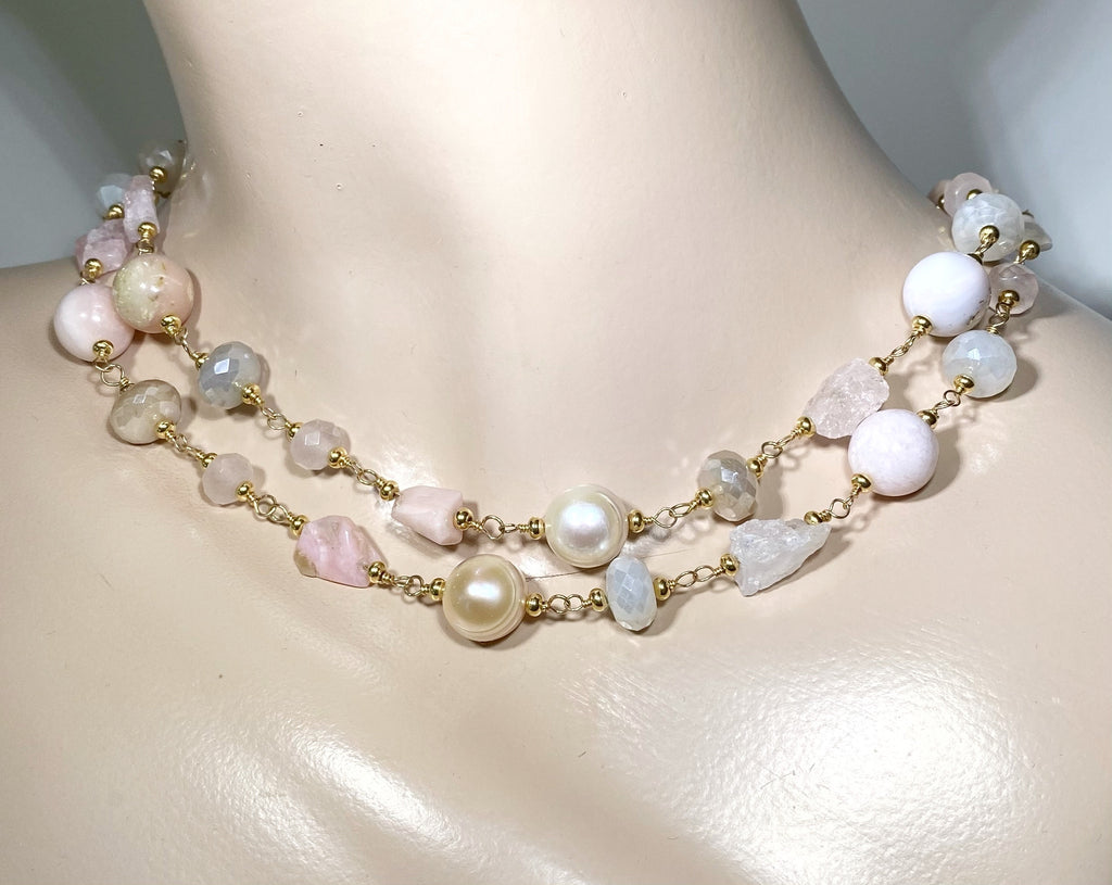 Pink Blush Gemstone and Pearl Long Necklace Gold Fill Wire Wrap