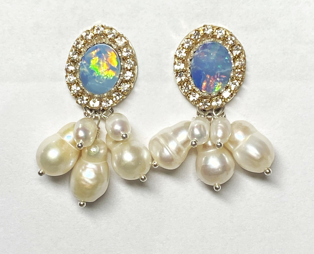 Lightning ridge opal post earrings dangling baroque pearls cluster